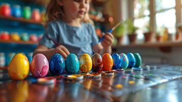 AI generated A nostalgic image of children painting Easter eggs photo