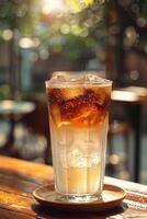 AI generated an iced coffee drink, with condensation glistening on the glass photo