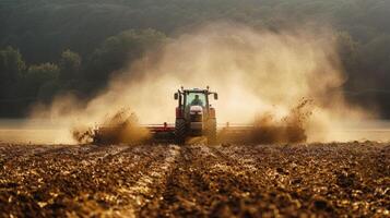 ai generado tractor arada campo con dinámica suelo polvo nube foto