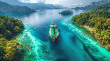 ai generado un petrolero anclado en un protegido bahía, rodeado por claro como el cristal aguas y tropical islas foto