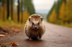 AI generated hedgehog along the road in forest photo