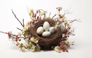 AI generated easter eggs and branches in empty nest on white background photo