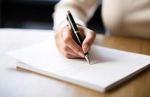 AI generated female hand writing notes at the desk with pencil photo