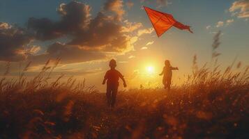 ai generado niños corriendo con cometa a puesta de sol en campo foto