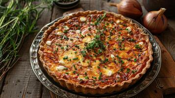 AI generated a whole quiche with a crumbly, buttery crust and a savory filling of caramelized onions and goat cheese photo