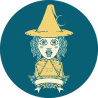 Retro Tattoo Style human witch with natural twenty dice roll png