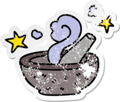 distressed sticker of a quirky hand drawn cartoon magic pestle and mortar png