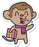 sticker of a crazy cartoon monkey with christmas present png