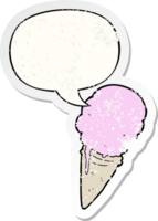 dessin animé la glace crème avec discours bulle affligé affligé vieux autocollant png