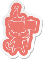 cute quirky cartoon  sticker of a cat with sign wearing santa hat png