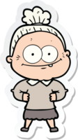 sticker of a cartoon happy old woman png