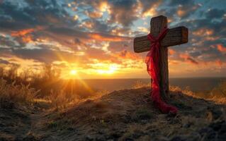 AI generated Amidst a striking sunset, the form of a durable wooden cross is visible photo