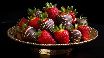 ai generado delicioso chocolate cubierto fresas en plato foto