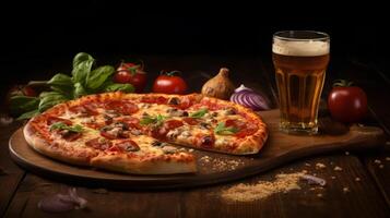 ai generado Pizza y cerveza en de madera mesa foto