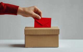 A detailed shot showing a hand, clad in a red sweater, depositing a red envelope into a voting box photo