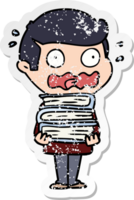 distressed sticker of a cartoon man with books totally stressed out png