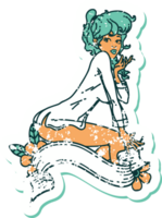 icónica imagen de estilo de tatuaje de pegatina angustiada de una chica pinup con una camisa con pancarta png