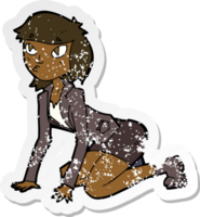 retro distressed sticker of a cartoon woman on hands and knees png