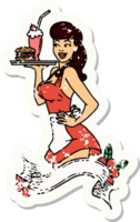 distressed sticker tattoo in traditional style of a pinup waitress girl with banner png