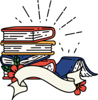 scroll banner with tattoo style stack of books png