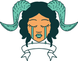 Retro Tattoo Style crying tiefling character face with scroll banner png