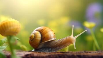 AI generated Snail on Soil with Green Leaves photo