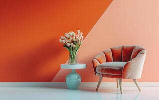 AI generated Tulips and an Elegant Armchair Arranged in a Modern Living Space photo