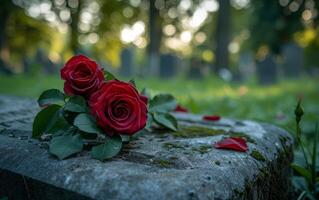 AI generated A heart rending view of dark red roses atop an old, weathered grave photo