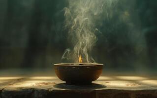 AI generated Ceramic Bowl with Whirling Incense Smoke photo