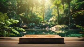 AI generated Wooden Podium With Forest Waterfall Background photo