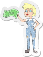 retro distressed sticker of a cartoon confident farmer woman with money png