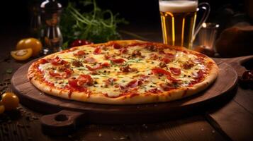 AI generated Pizza and Beer on Wooden Table photo