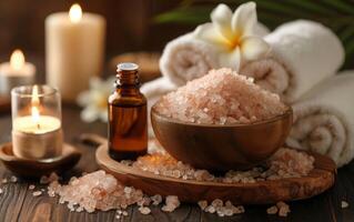 A calming spa scene with Himalayan salt, aromatic essential oils, frangipani petals, and soft candlelight photo