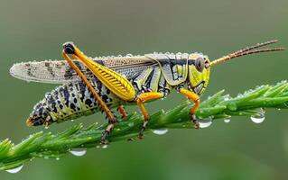 ai generado un cerca rango Disparo enfatizando el vibrante patrones de un saltamontes foto