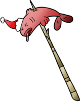 Hand gezeichnet Gradient Karikatur von ein Fisch aufgespießt tragen Santa Hut png