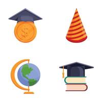 Education icons set cartoon vector. Graduation cap book and globe vector