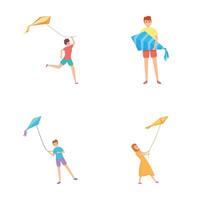 Kite flying icons set cartoon vector. People with kite flying in sky vector