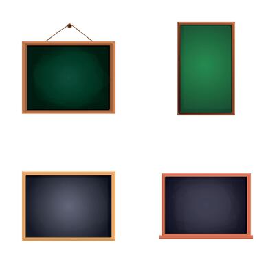 Chalkboard icons set cartoon vector. Black and green blackboard in wooden frame