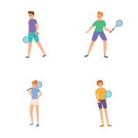 tenis jugador íconos conjunto dibujos animados vector. hombre y mujer contratar en tenis vector