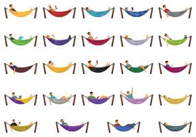 Man relax hammock icons set cartoon vector. Beach vacation vector