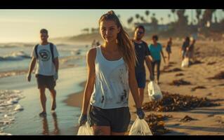 AI generated Volunteers Cleaning Up Beach at Sunset photo