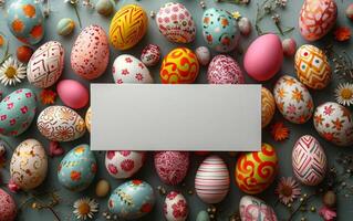 AI generated Decorative Easter Egg Setup with Empty Space for Text photo