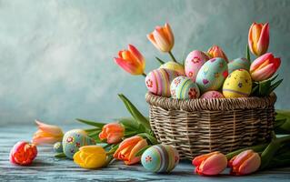 AI generated A Wicker Basket Brimming with Tulips and Easter Eggs photo