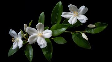 ai generado blanco tiaré flor con gotas de lluvia en pétalos foto