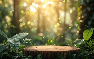 ai generado lozano bosque escena con iluminado por el sol árbol tocón fundición magia foto