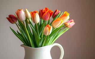 AI generated Radiant Tulips Held in a Classic White Pitcher during a Sunlit Day photo