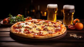 AI generated Pizza and Beer on Wooden Table photo