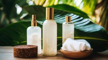 AI generated Elegant Spa Essentials Amidst Lush Green Foliage photo