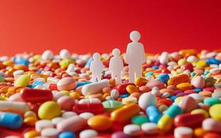 AI generated Symbolizing Family Well-being Paper Cutouts and Assorted Medication Against Red Background photo