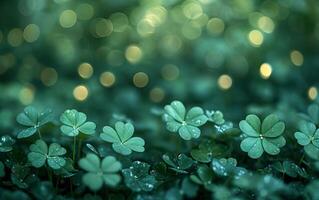 ai generado verde trébol hojas brillante con Mañana Rocío foto